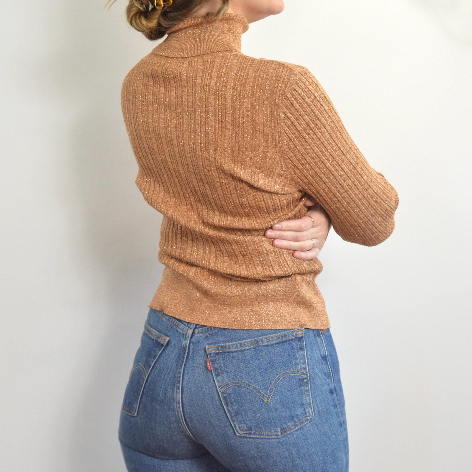 silk blend copper glitter knit turtleneck sweater top