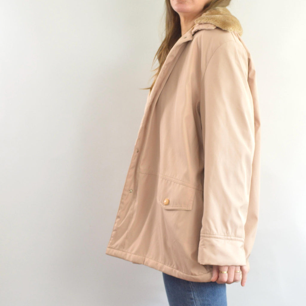 blush and tan cotton blend quilted insulated parka with removable faux fur collar