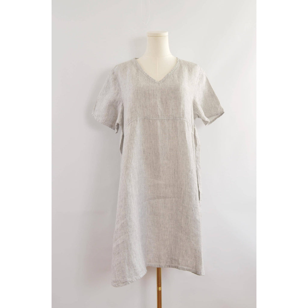 100% linen blue and white striped flax mini tee dress with pockets