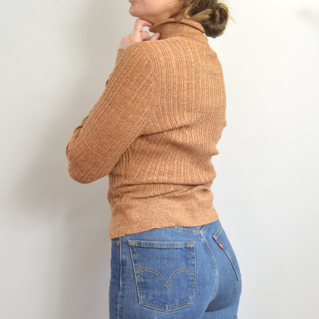 silk blend copper glitter knit turtleneck sweater top