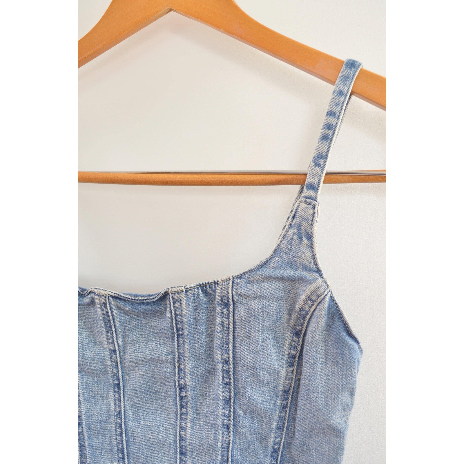 medium wash denim bustier tank with adjustable straps