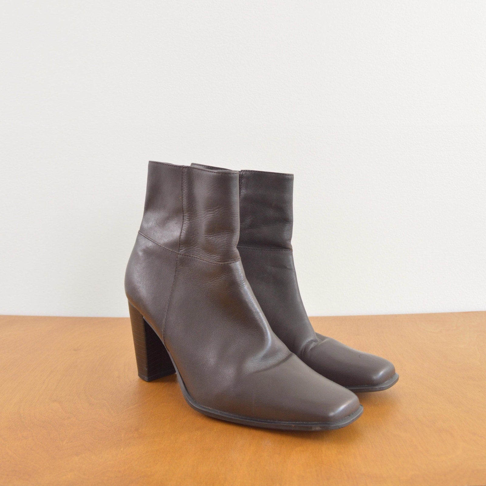 dark brown 90’s square toe high heel leather booties