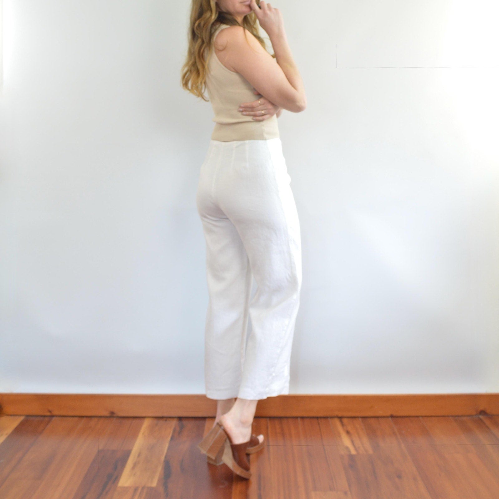 fully lined white irish linen cropped embroidered pants