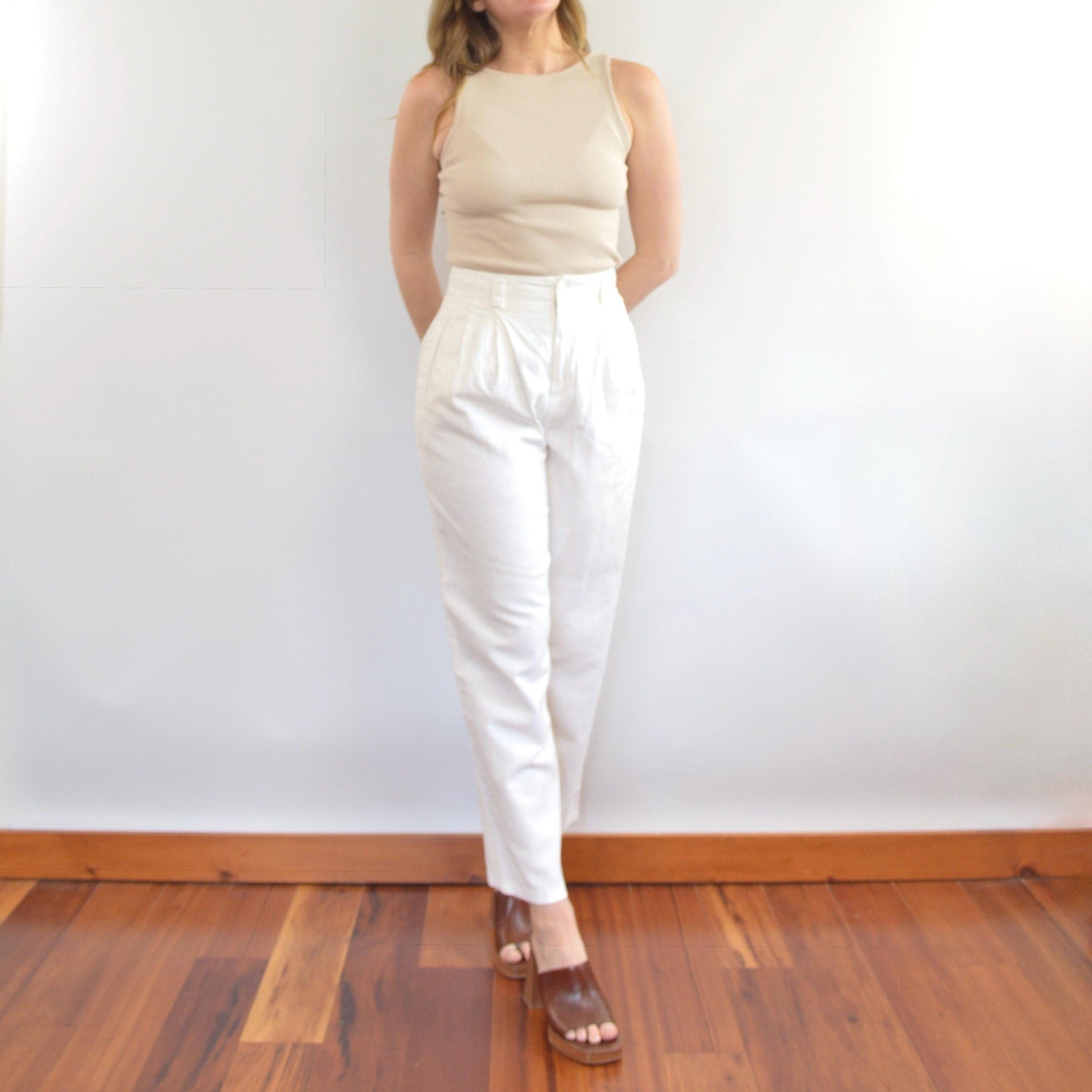 vintage white liz sport linen and cotton straight leg pants