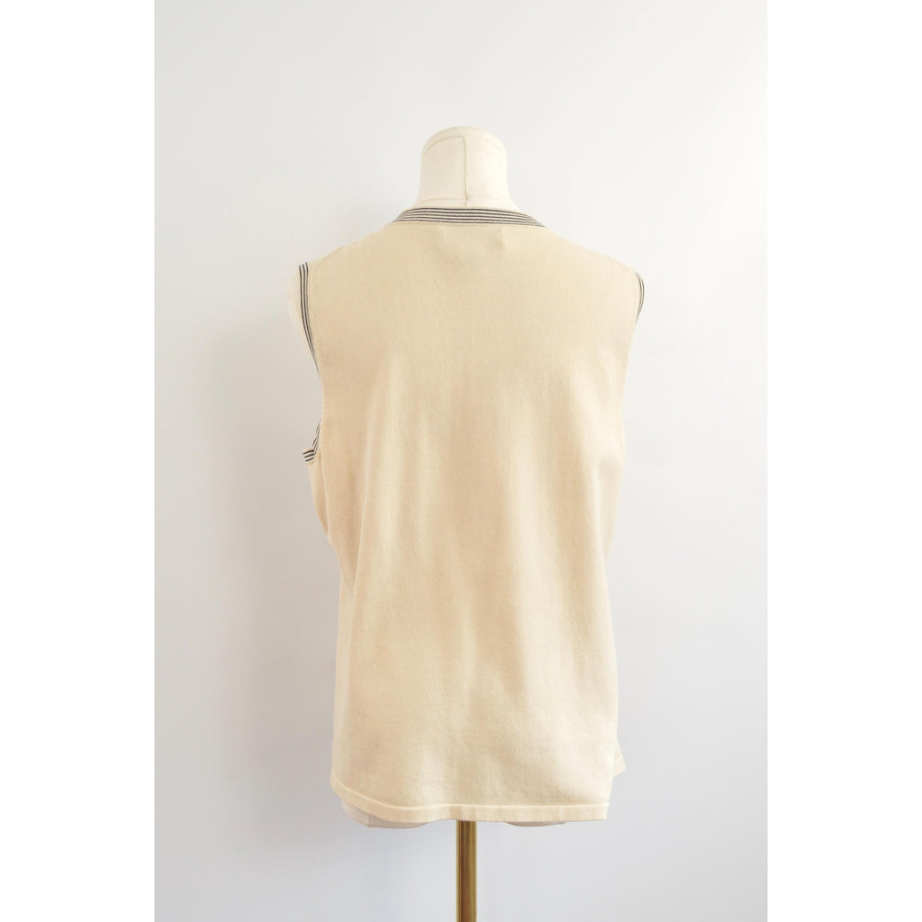 sweater knit silk blend tank with black striped banding around neck and sleeves