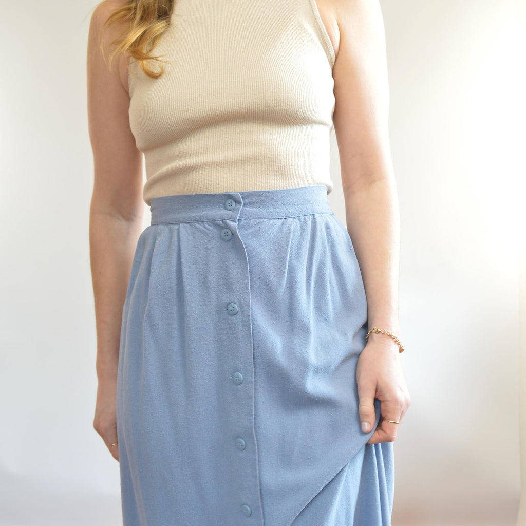100% silk robins egg blue button down elastic waist midi skirt