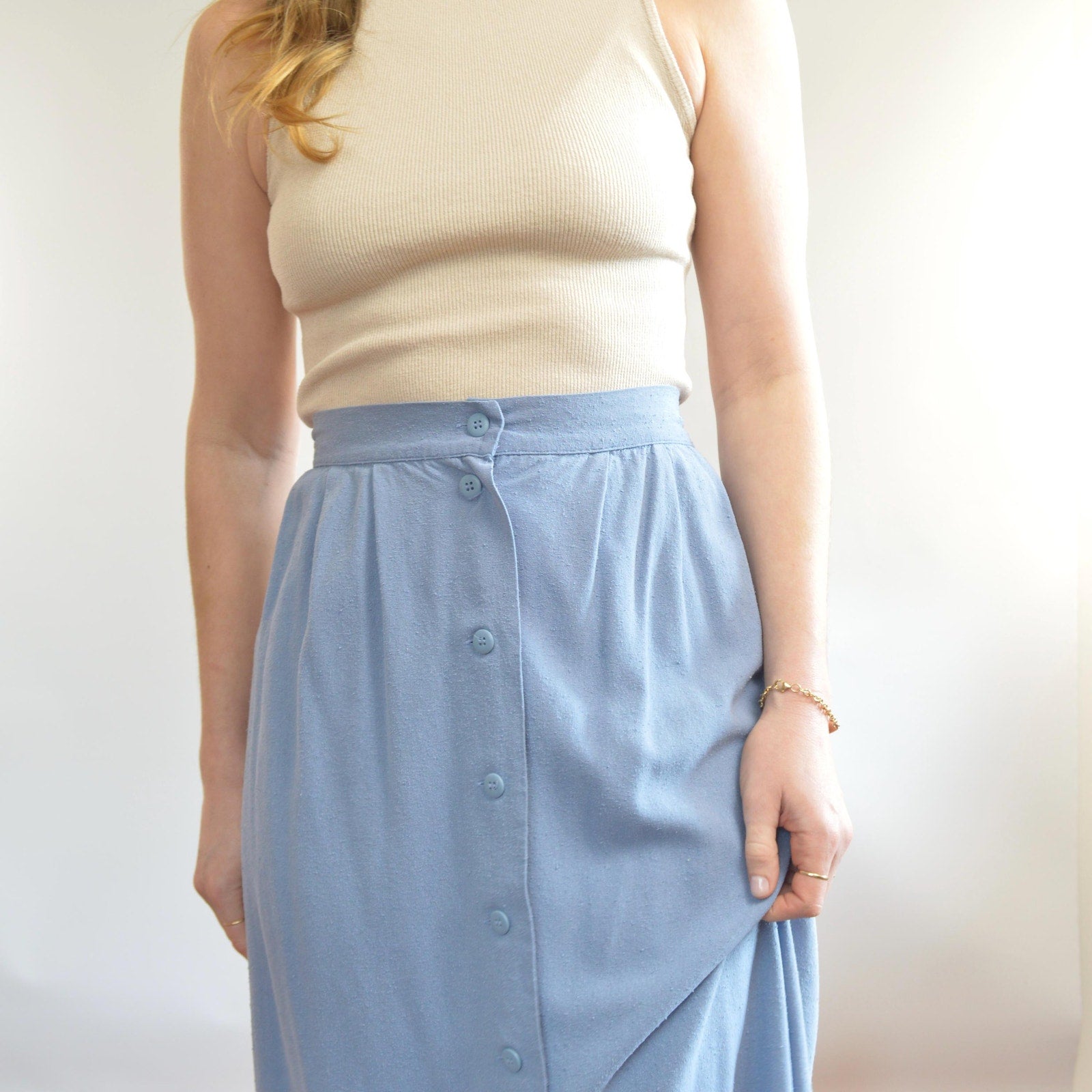 100% silk robins egg blue button down elastic waist midi skirt