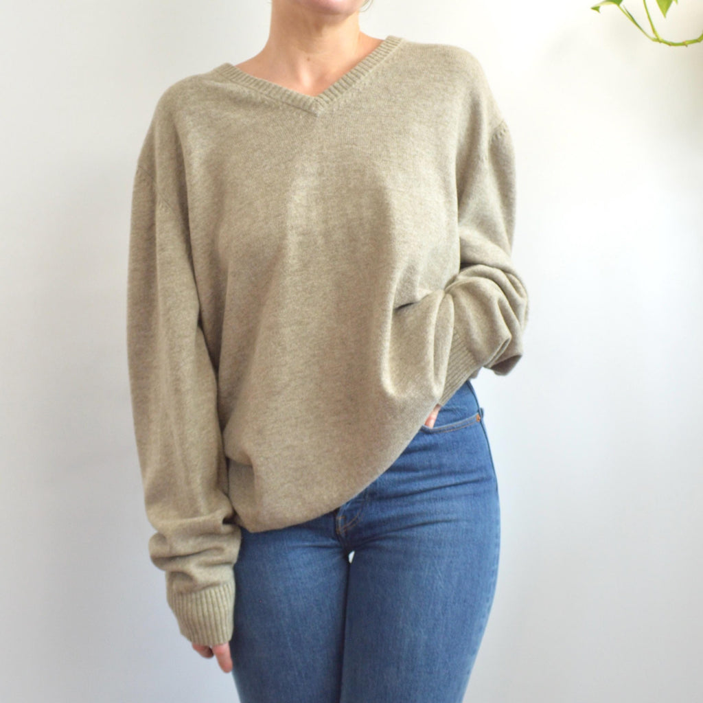 oversized cozy vintage ll bean v neck oatmeal wool sweater