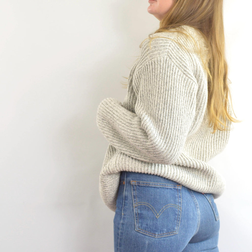 blue and white marled knit cotton quarter button vintage ll bean sweater