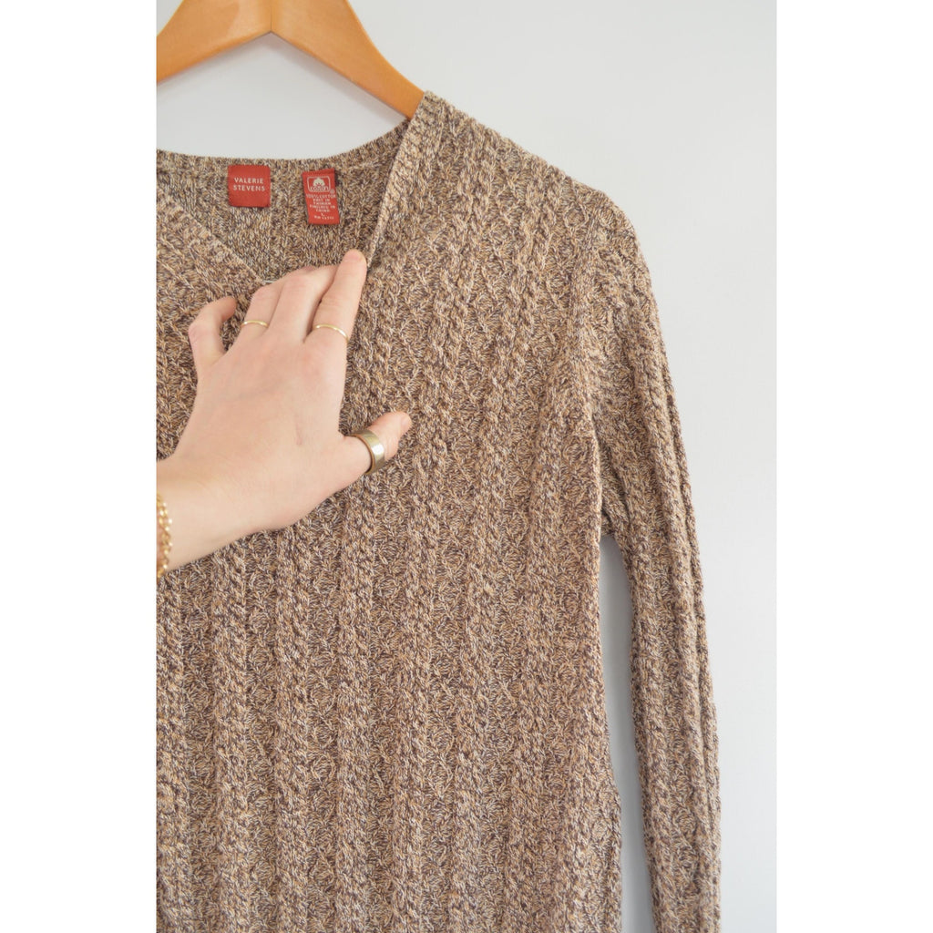 speckled brown and tan v-neck cotton cropped sweater
