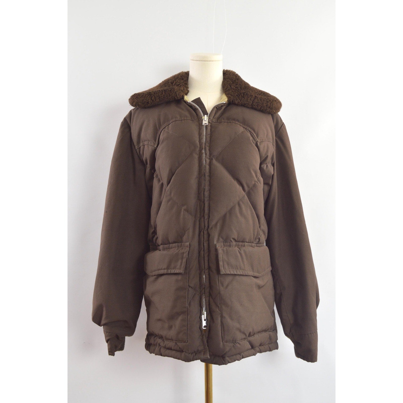 super cool park ranger meets cowboy brown puffer coat with fluffy collar