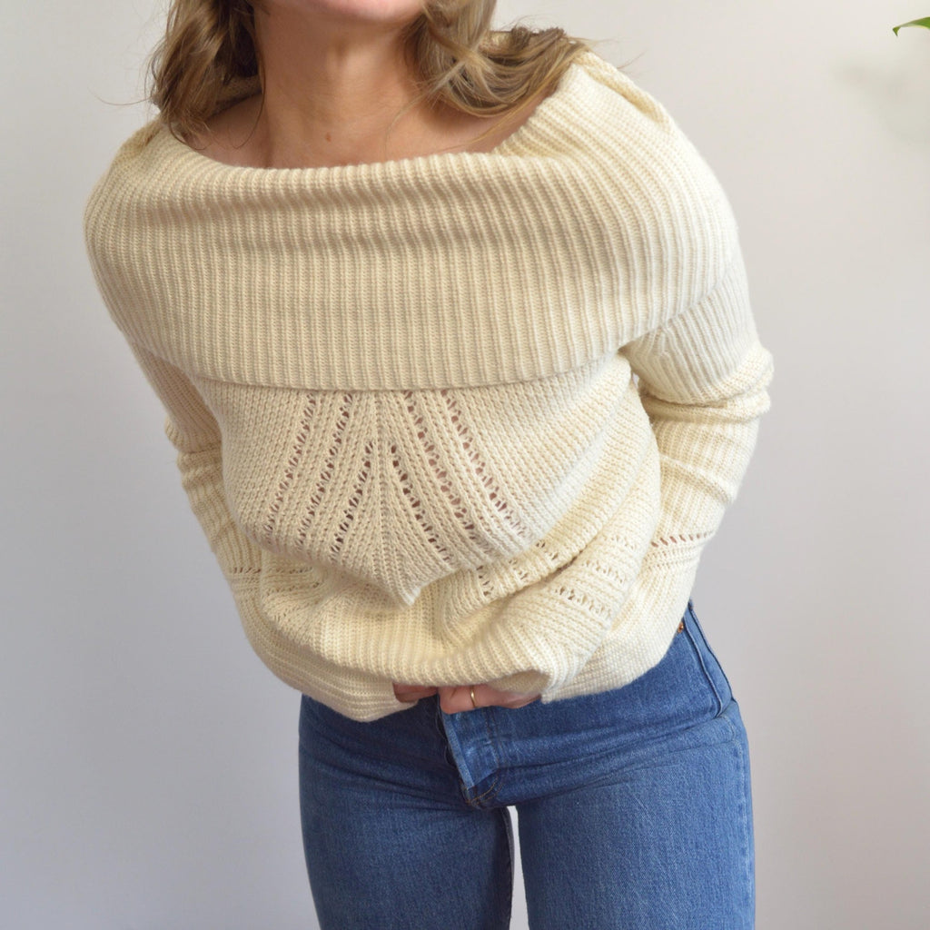 oversized cowl neck crochet ivory sweater