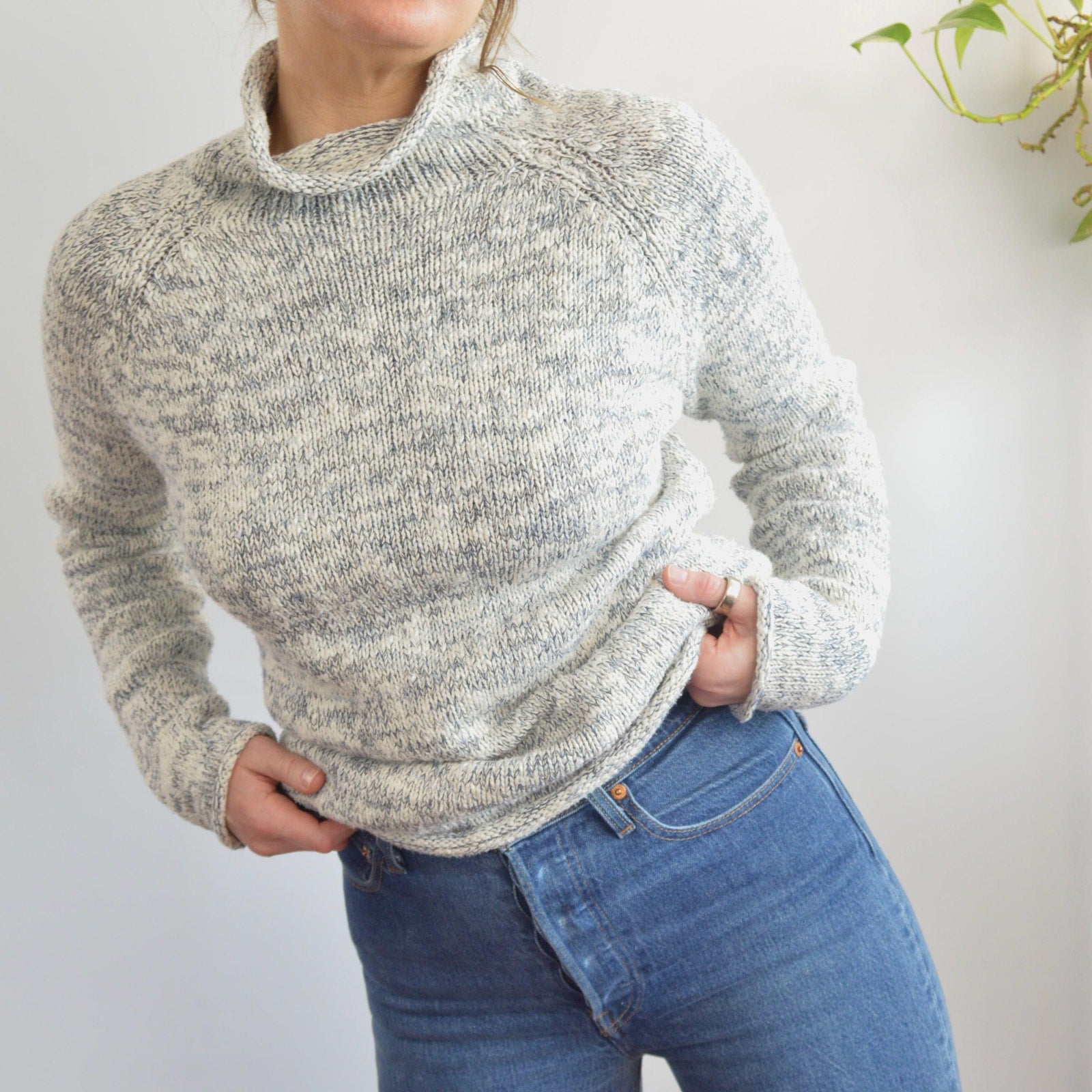 pure cotton blue and white speckled mock neck ll bean sweater