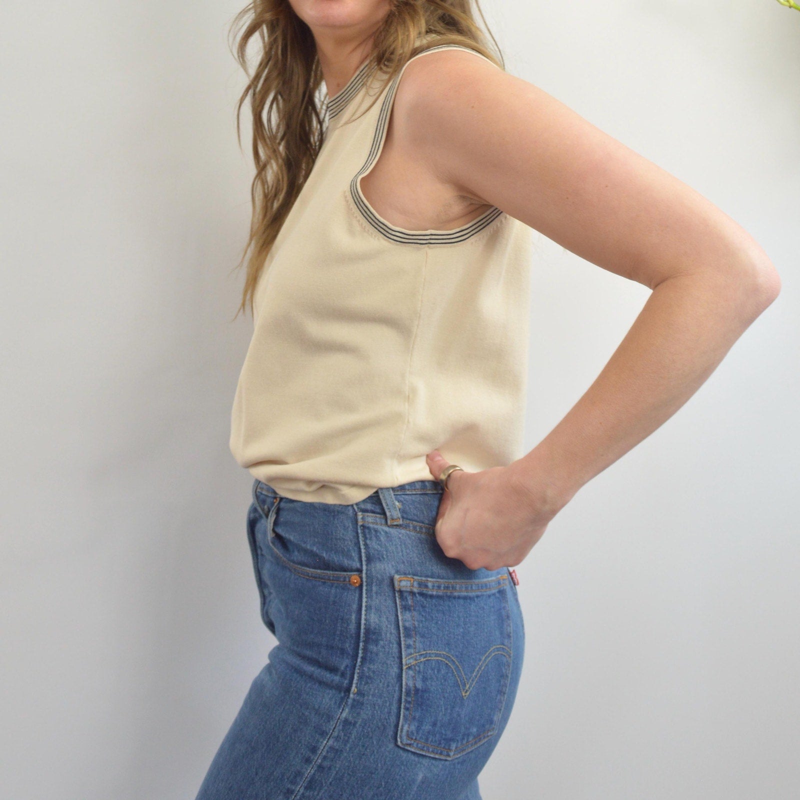 sweater knit silk blend tank with black striped banding around neck and sleeves