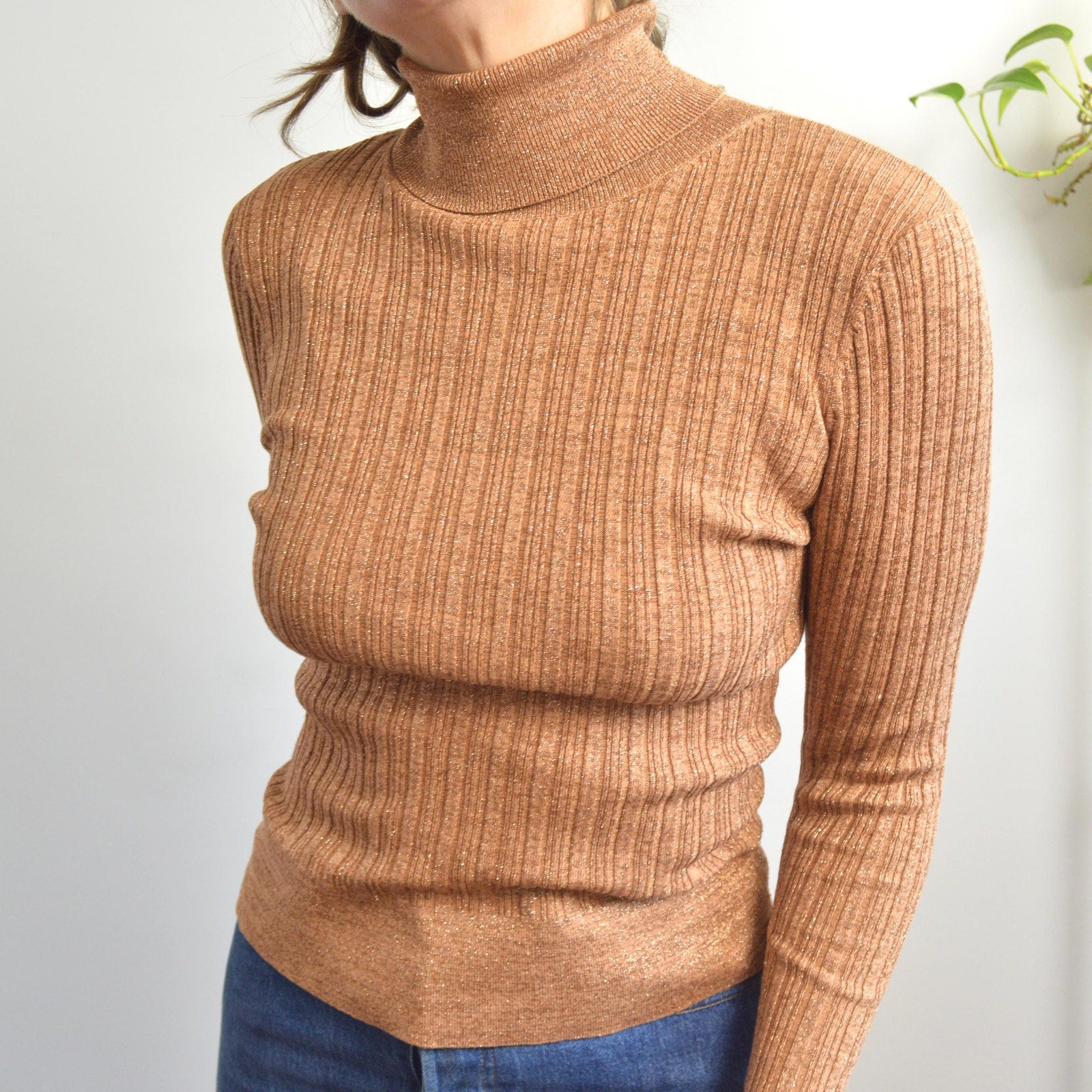 silk blend copper glitter knit turtleneck sweater top