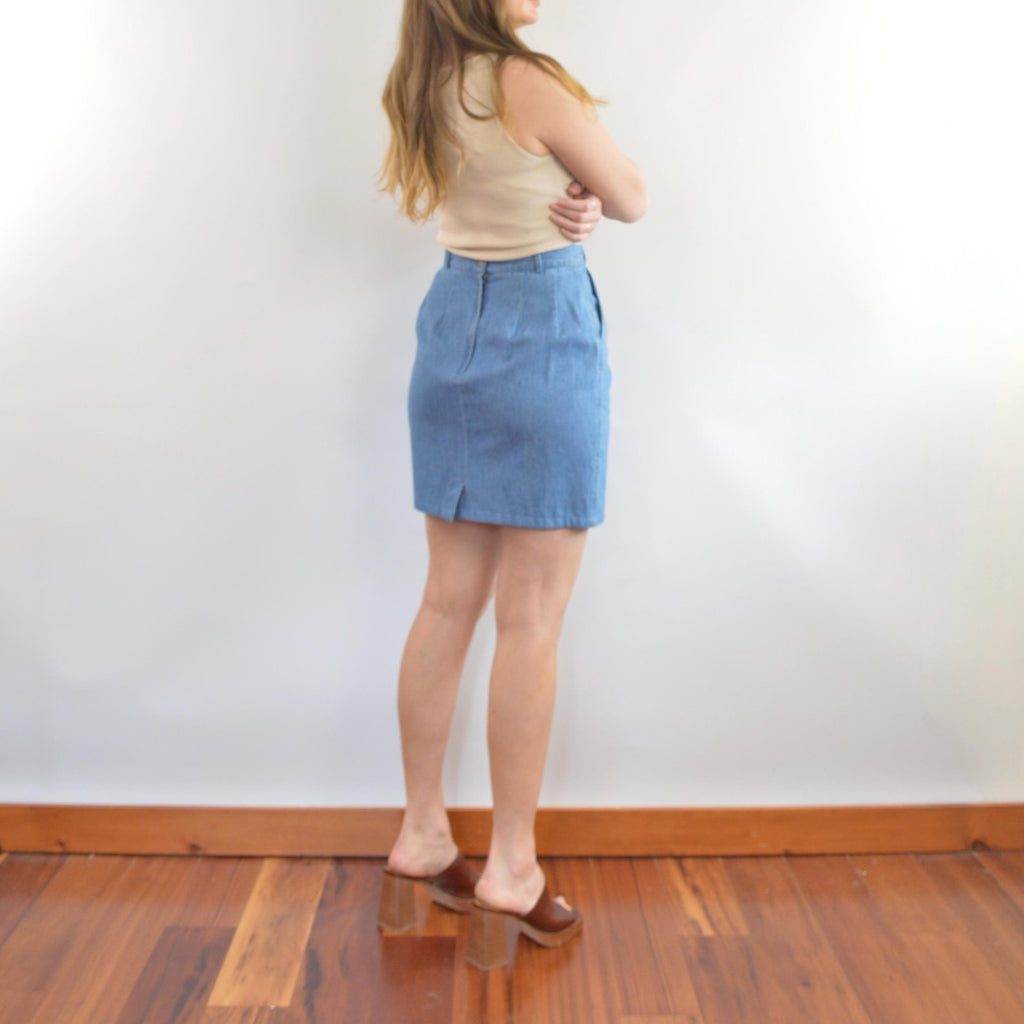 lightweight mid wash denim mini skirt