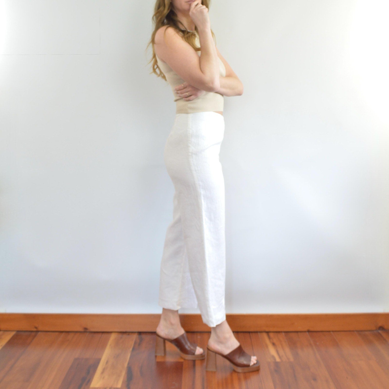 fully lined white irish linen cropped embroidered pants