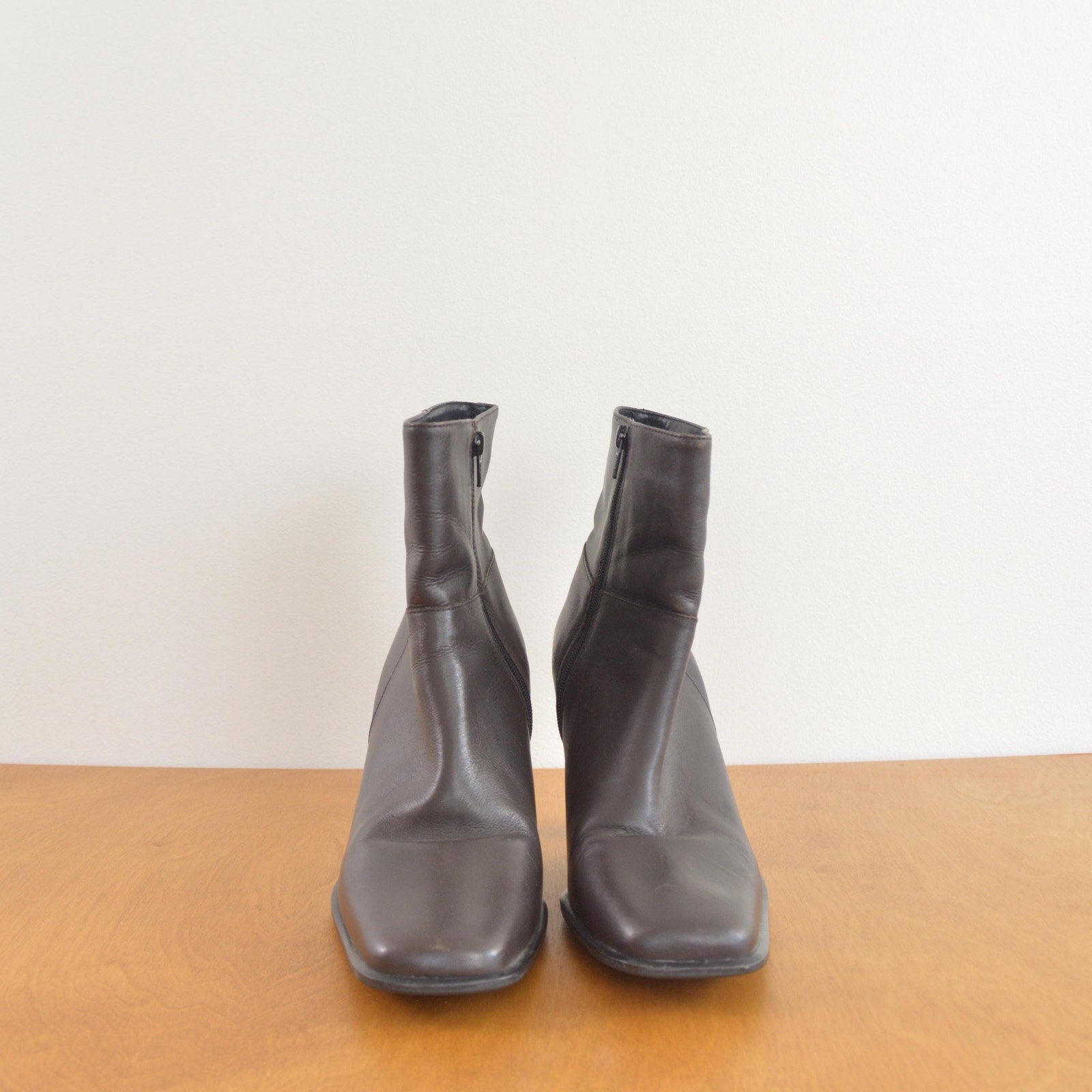 dark brown 90’s square toe high heel leather booties