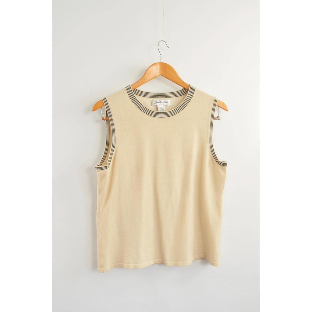 sweater knit silk blend tank with black striped banding around neck and sleeves