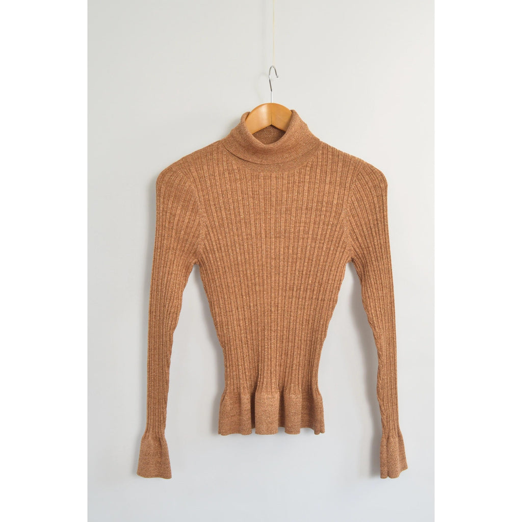 silk blend copper glitter knit turtleneck sweater top