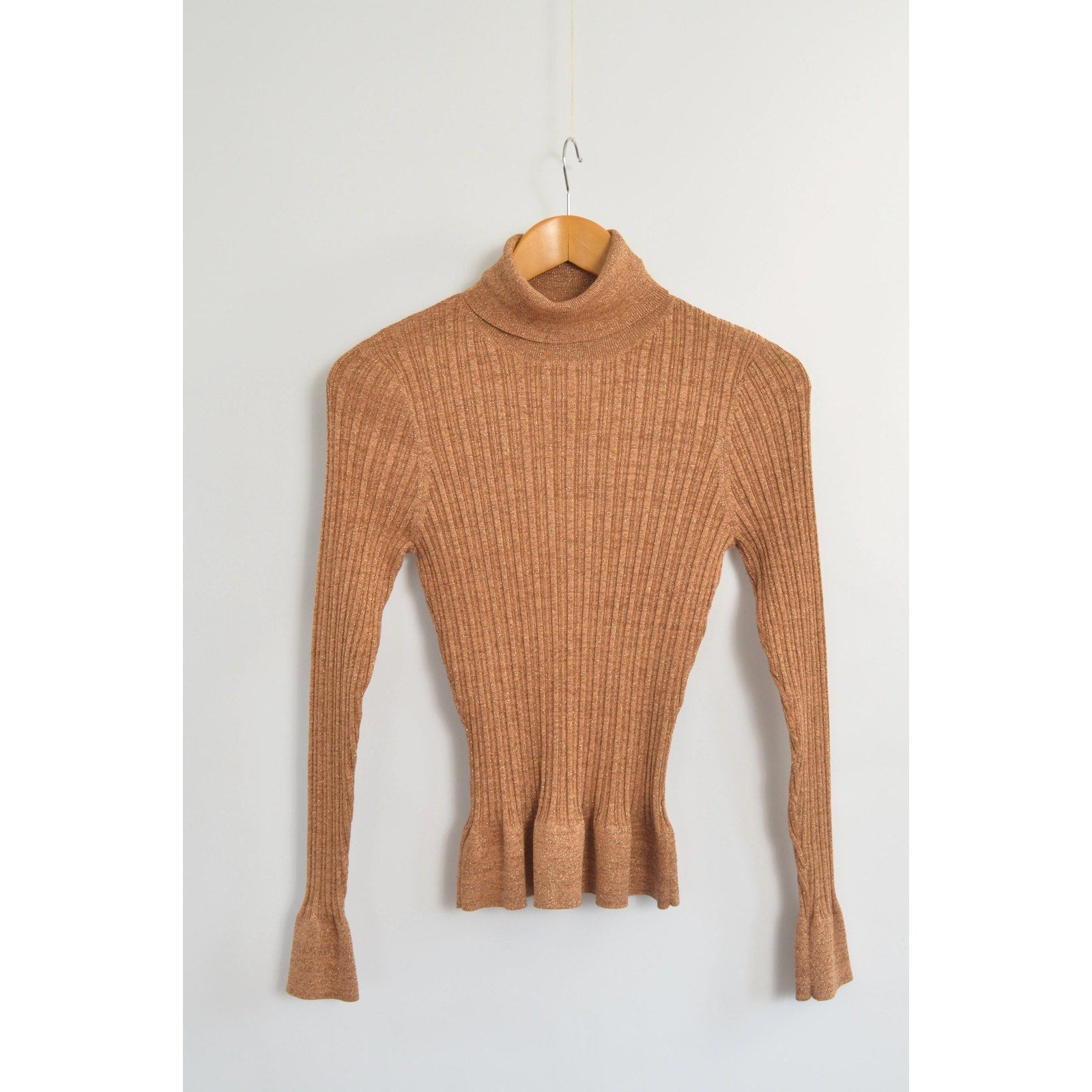 silk blend copper glitter knit turtleneck sweater top