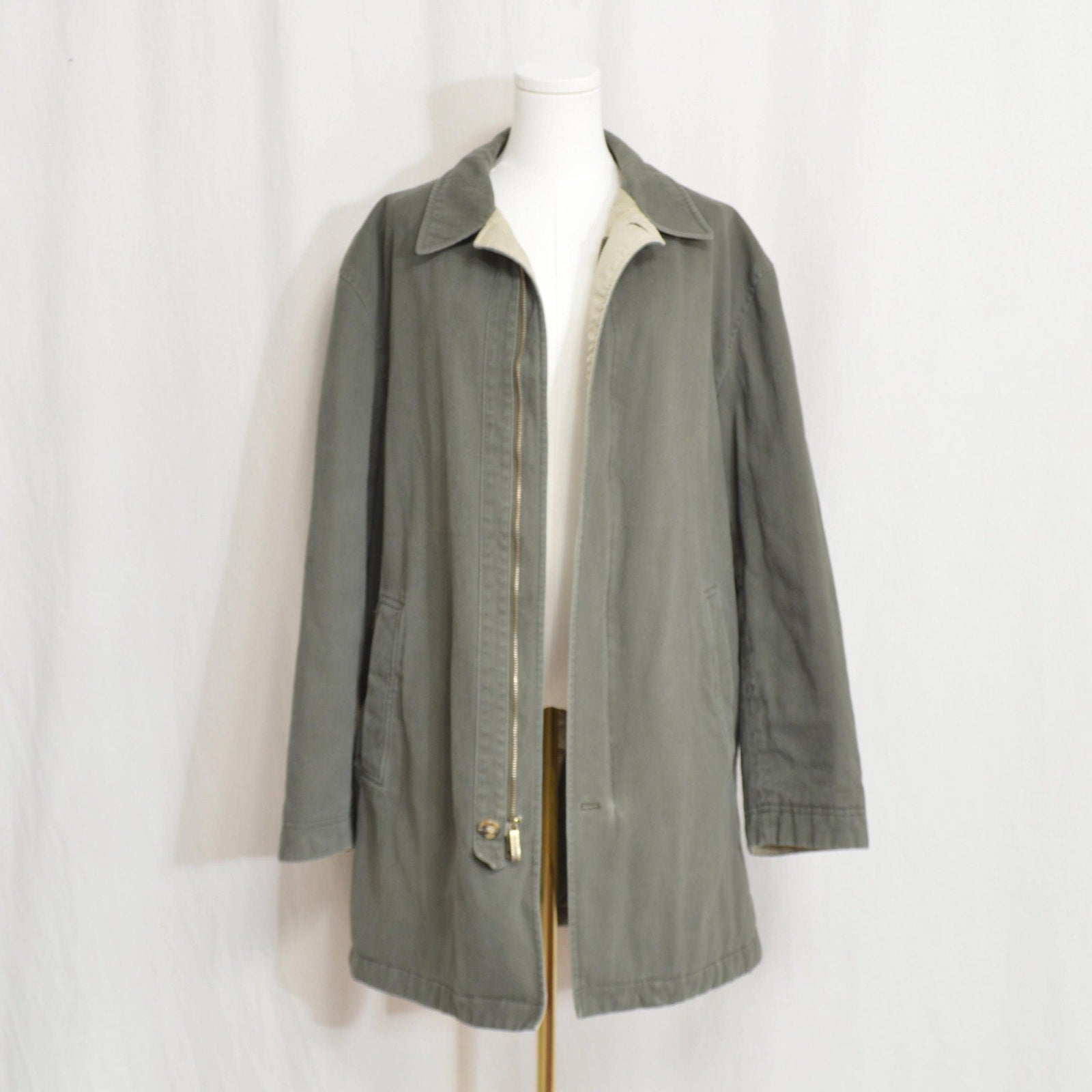 quilted olive green cotton mid length chore coat