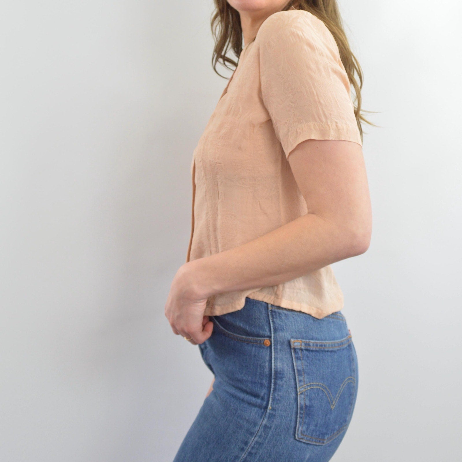 soft dusty rose embossed silk button down blouse
