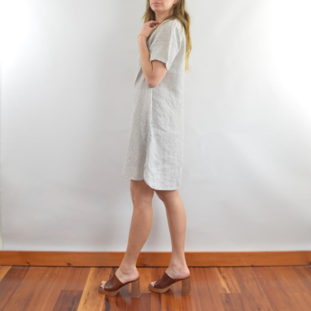 100% linen blue and white striped flax mini tee dress with pockets