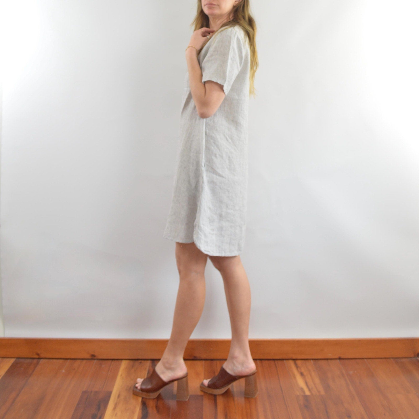 100% linen blue and white striped flax mini tee dress with pockets