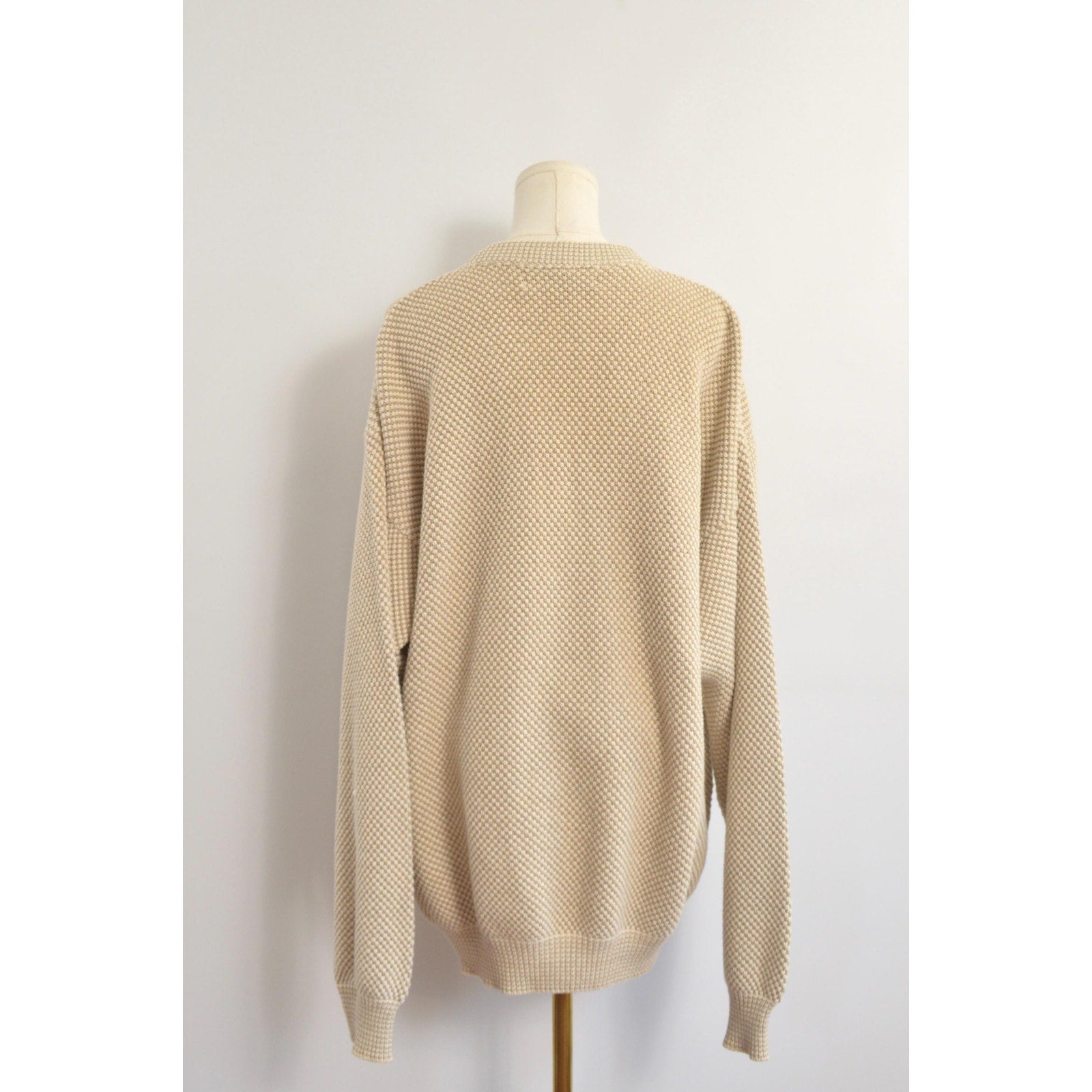 classic susquehanna trail beige and cream bubble knit quarter button cotton sweater