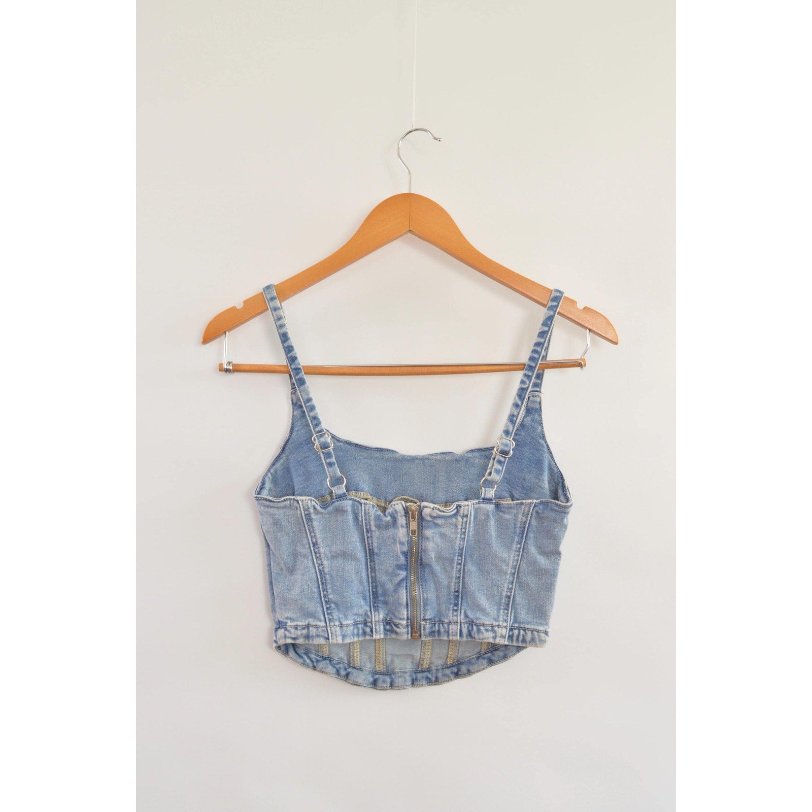 medium wash denim bustier tank with adjustable straps
