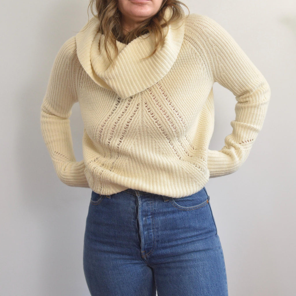 oversized cowl neck crochet ivory sweater