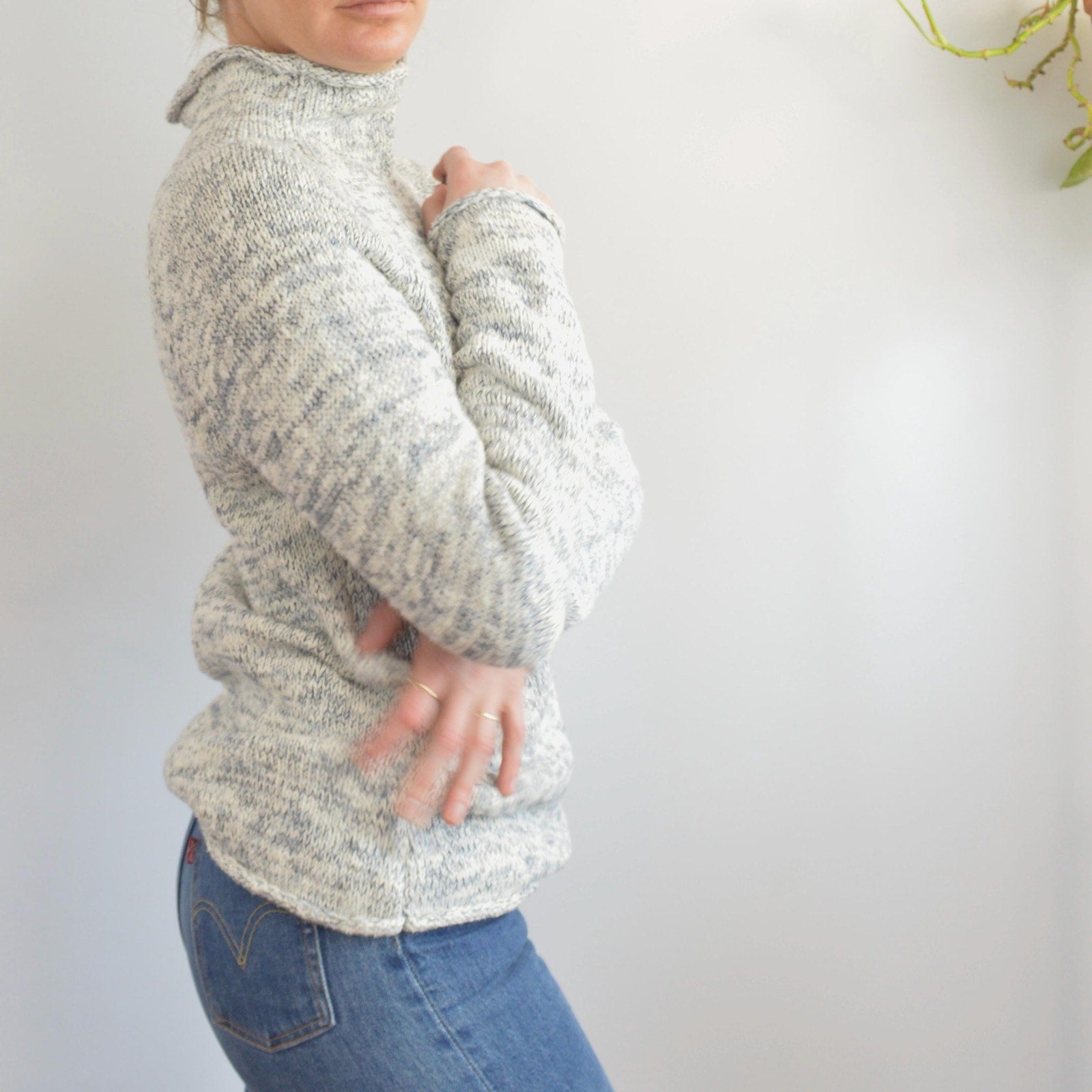 pure cotton blue and white speckled mock neck ll bean sweater