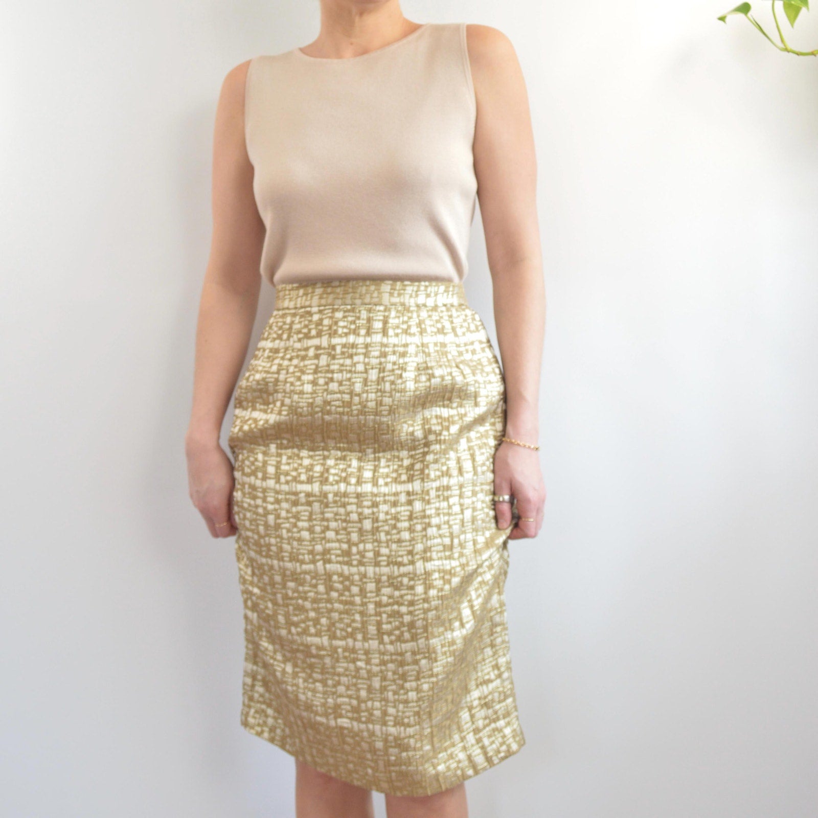 abstract geometrical gold and ivory knee length skirt