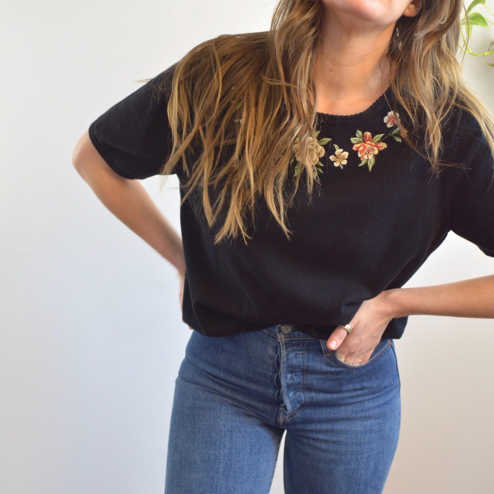 sweet little embroidered vintage black sweater tee