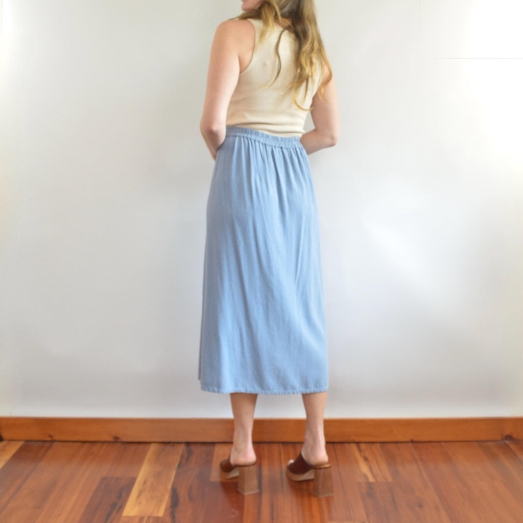 100% silk robins egg blue button down elastic waist midi skirt