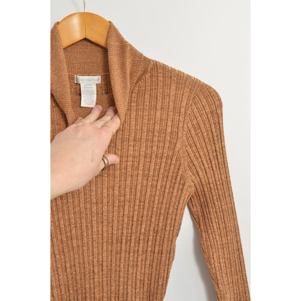 silk blend copper glitter knit turtleneck sweater top