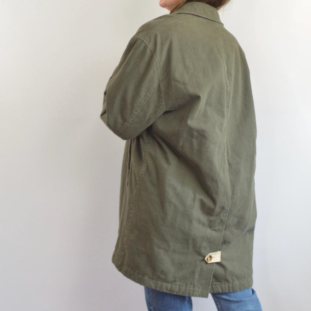 quilted olive green cotton mid length chore coat