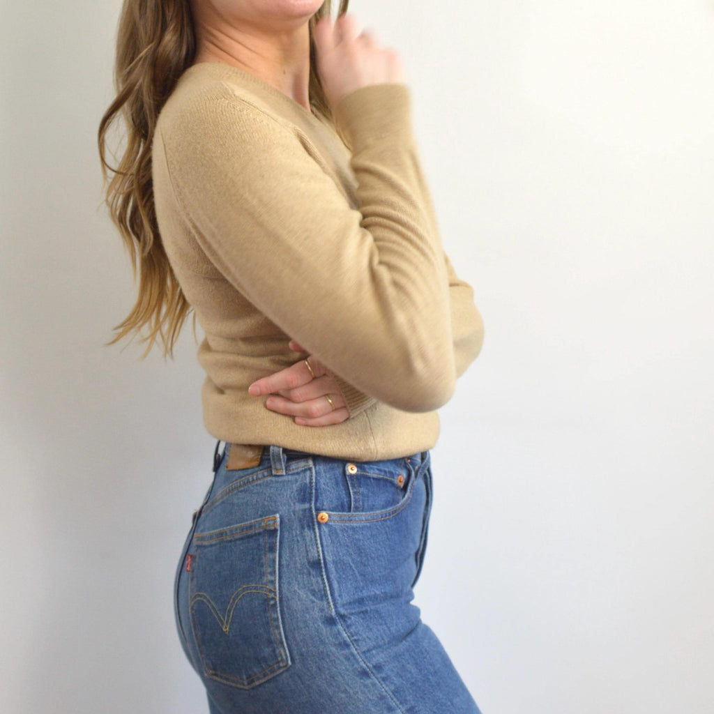 petite camel tan vintage 100% cashmere v neck sweater