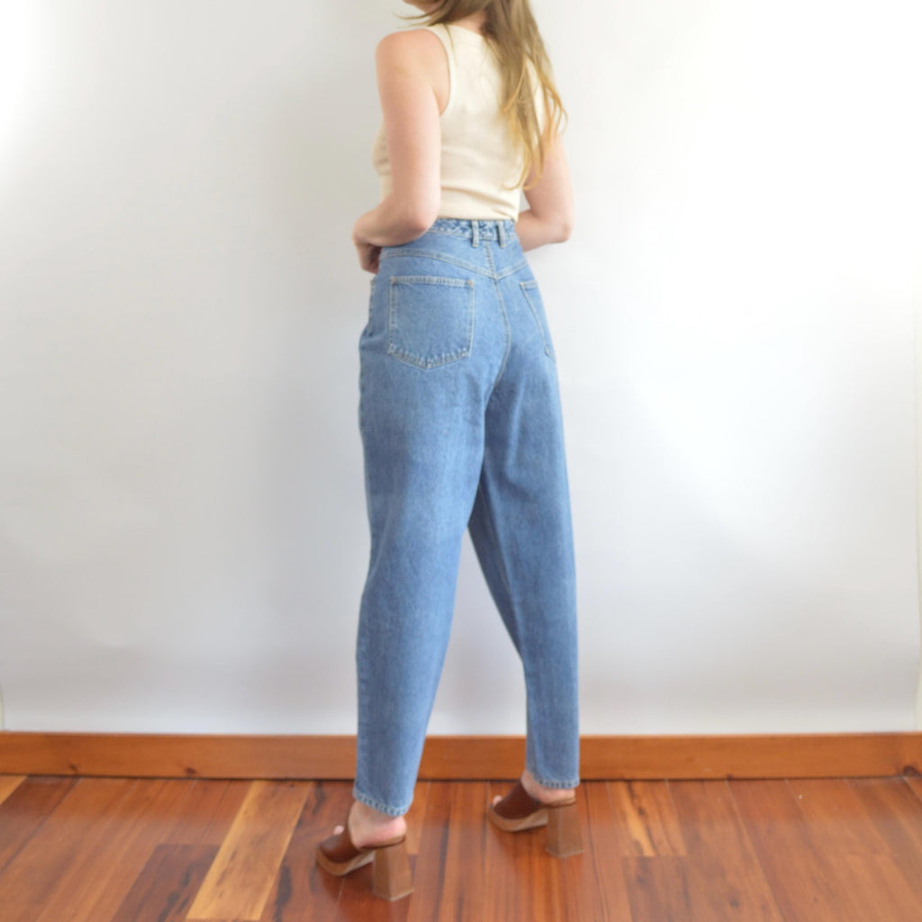 35 x 30 mid wash high rise tapered jeans