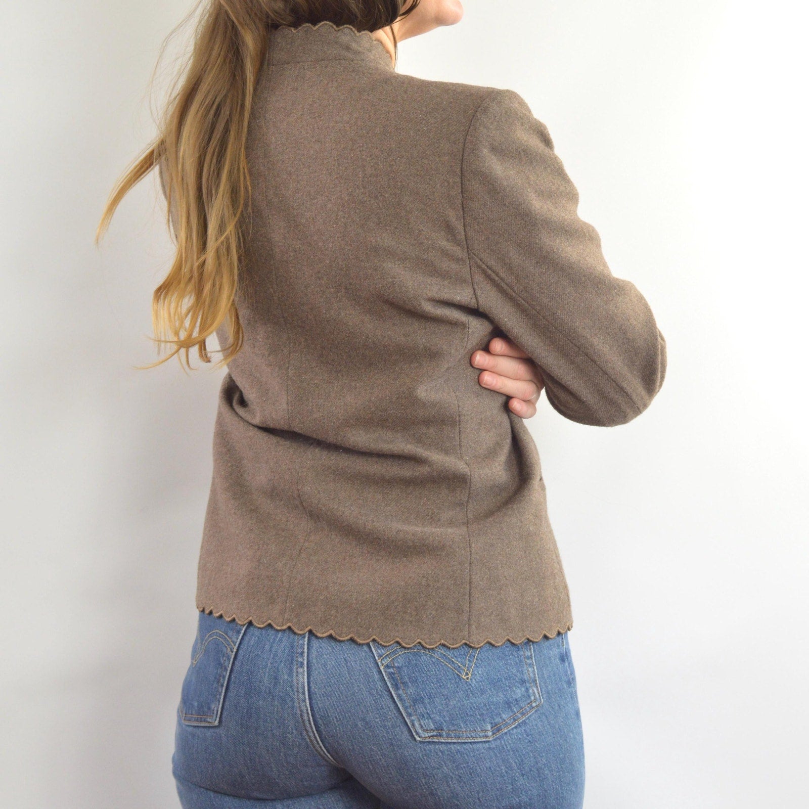 vintage taupe brown wool blend scallop edge blazer