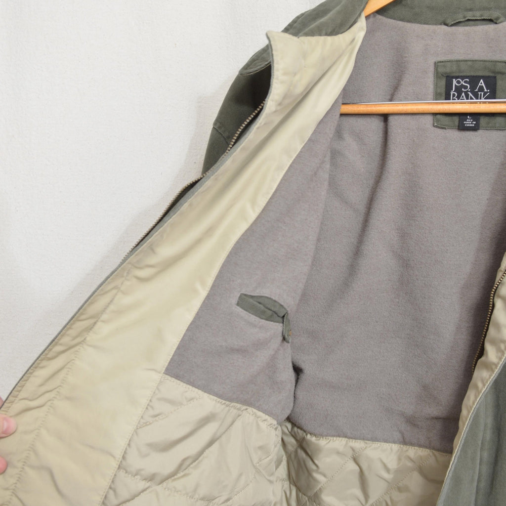 quilted olive green cotton mid length chore coat