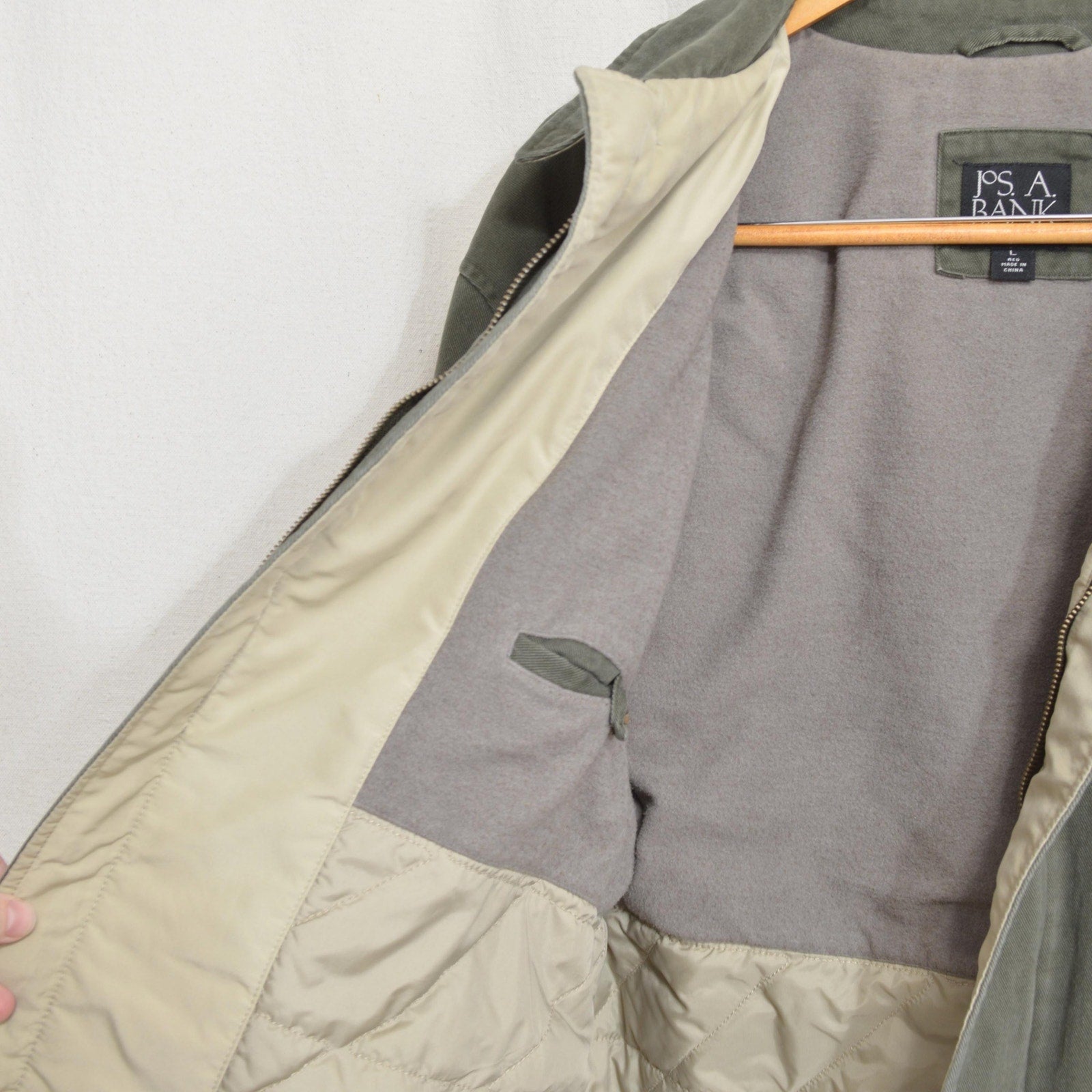 quilted olive green cotton mid length chore coat