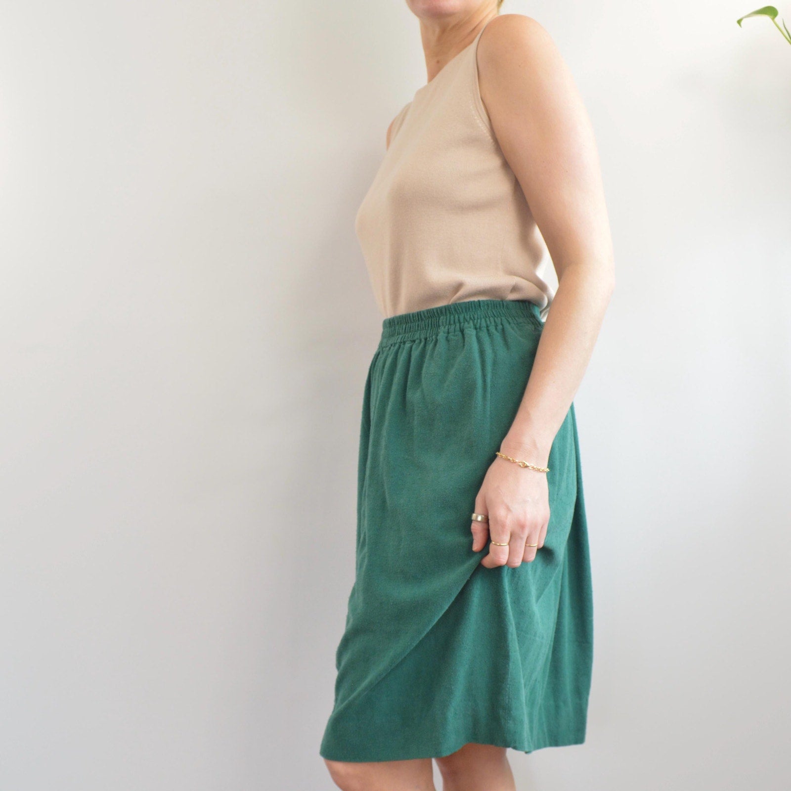 pure silk green elastic waist midi skirt with pockets