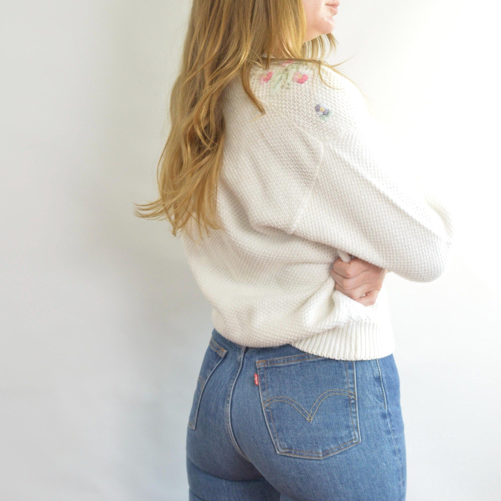 white cropped floral embroidered cotton blend sweater