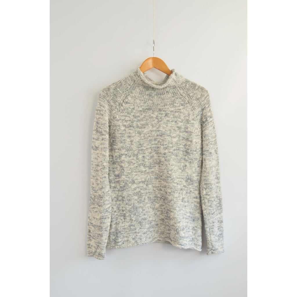pure cotton blue and white speckled mock neck ll bean sweater