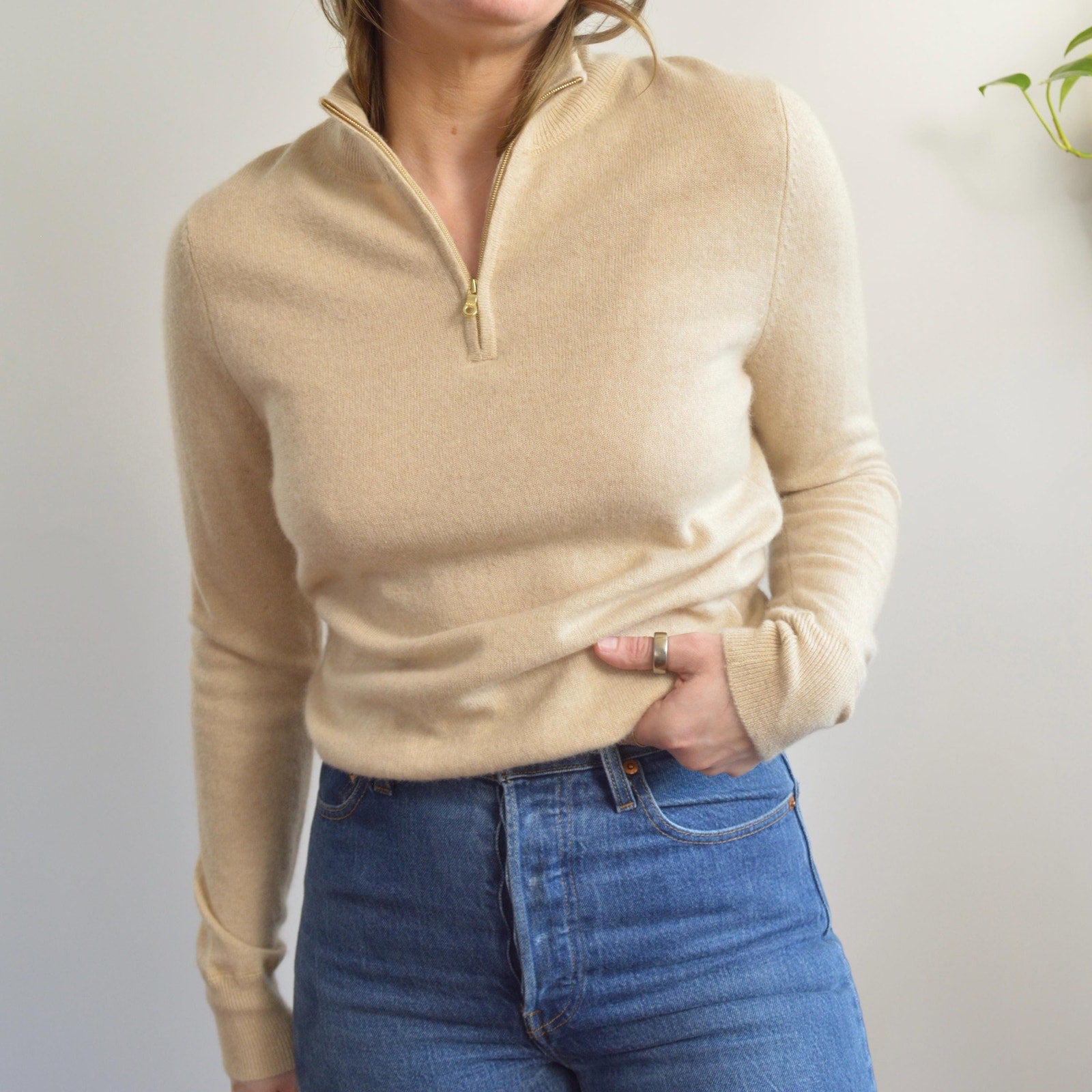 perfect oatmeal cashmere half zip sweater