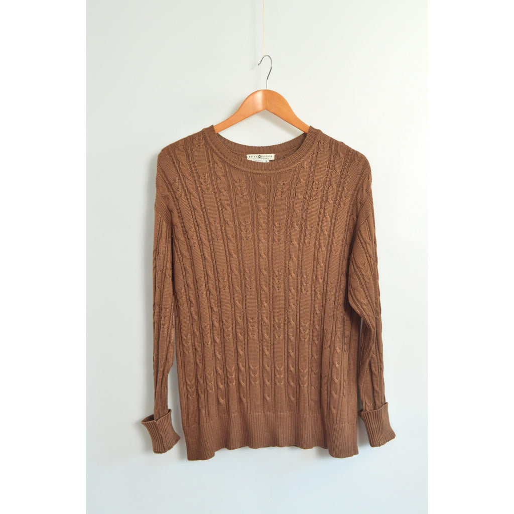 pure silk warm light brown cable knit crew neck sweater