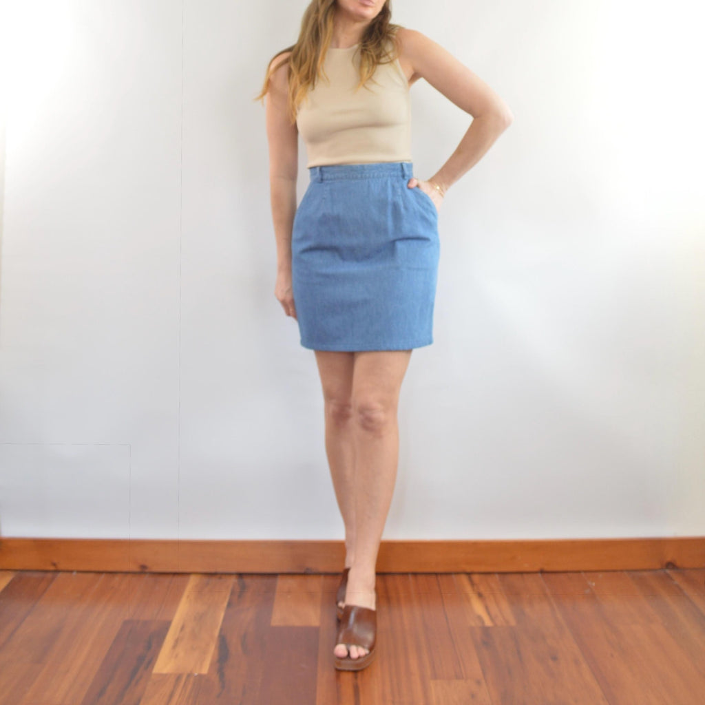 lightweight mid wash denim mini skirt