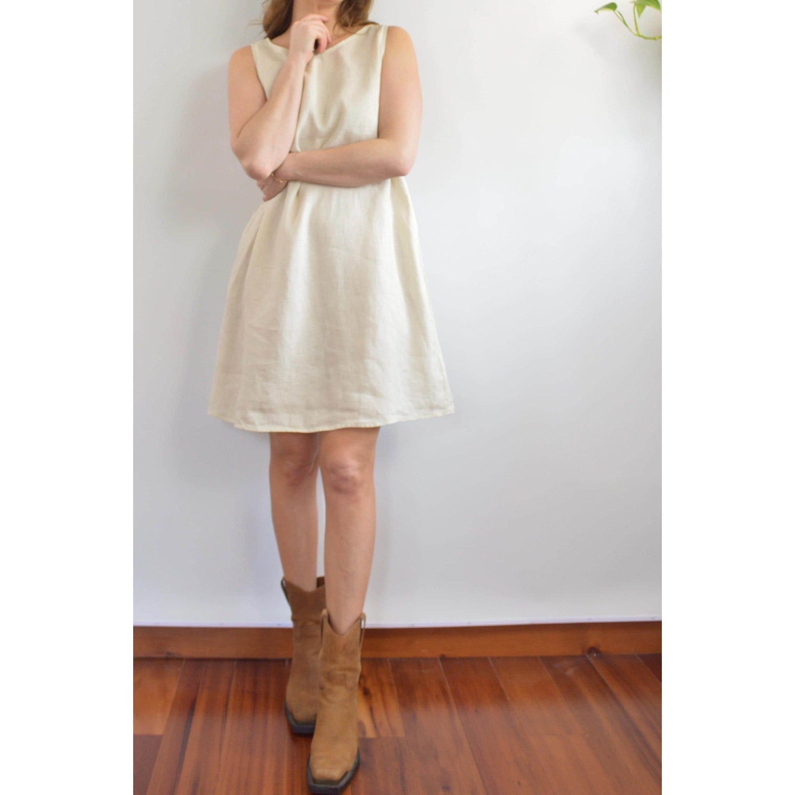 light beige linen tent tank dress with pockets